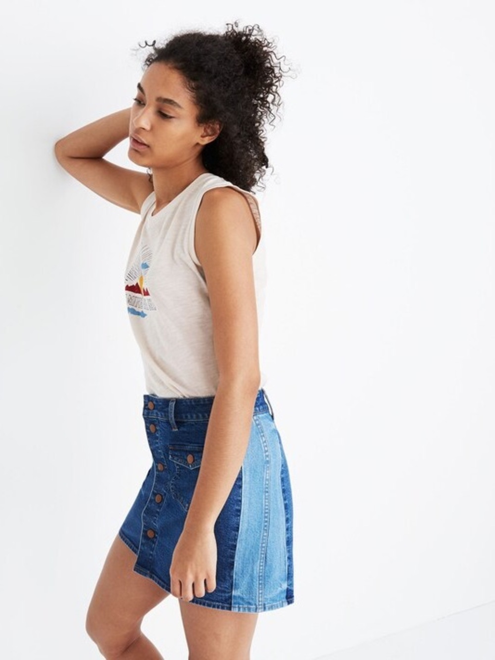 Stretch Denim Straight Mini Skirt: Pieced Edition